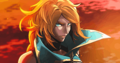 Rose Belmont, the protagonist of Castlevania: Belmont's Curse, against a red sky