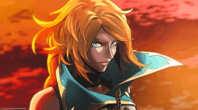 Rose Belmont, the protagonist of Castlevania: Belmont's Curse, against a red sky