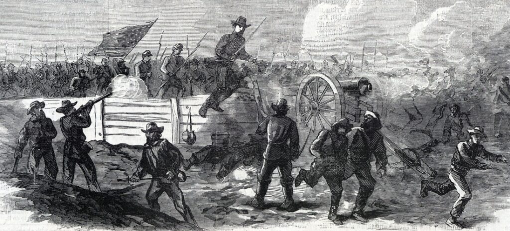 An 1864 Harper's Weekly illustration of Union troops at the Battle of Peebles Farm in Virginia, the battle at the center of So Help Me God