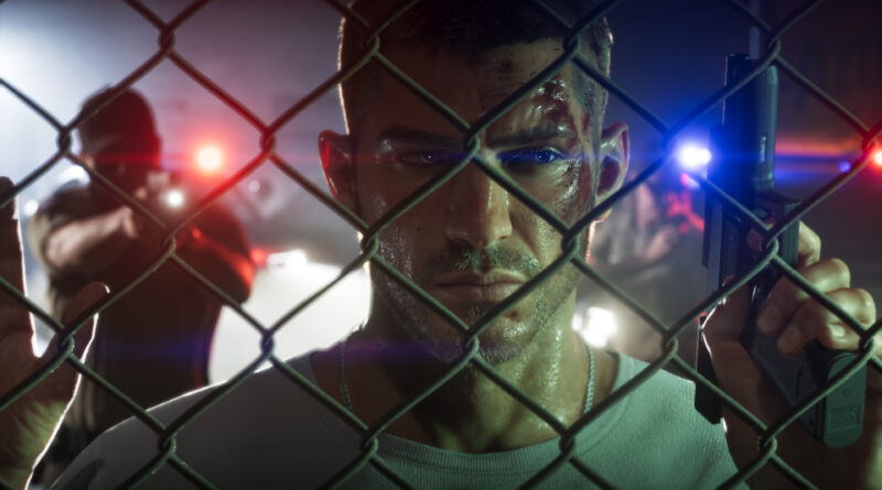 Official Grand Theft Auto VI promotional image of Jason Duval holding a gun as police lights shine behind a fence