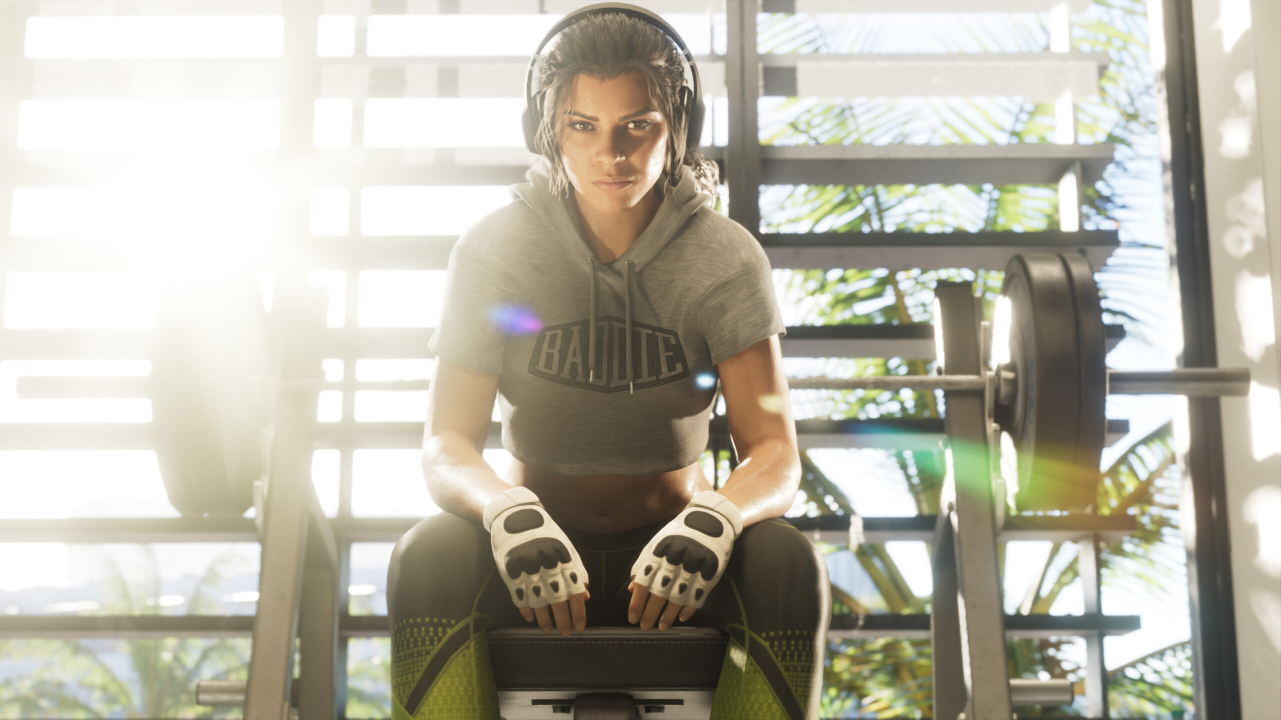 Official Grand Theft Auto VI promotional image of Lucia Caminos working out in a gym