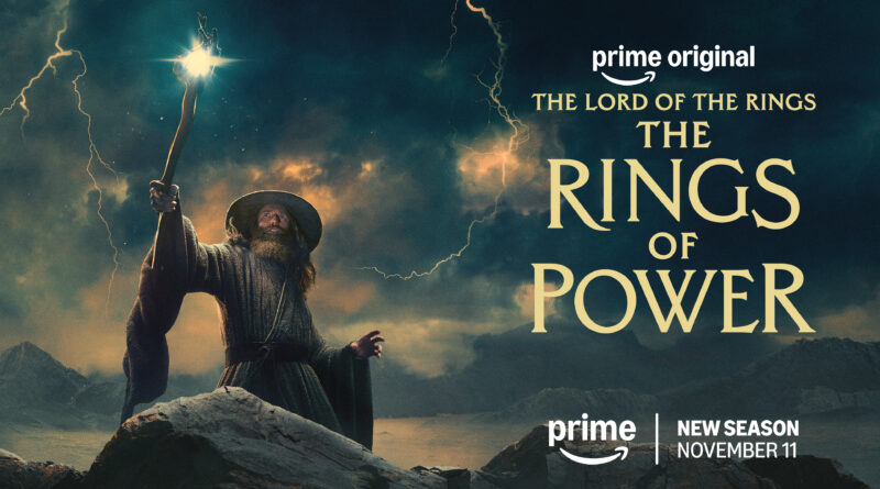 Official key art of Gandalf the Grey holding his glowing staff against a stormy Middle-earth sky for The Lord of the Rings: The Rings of Power Season 3
