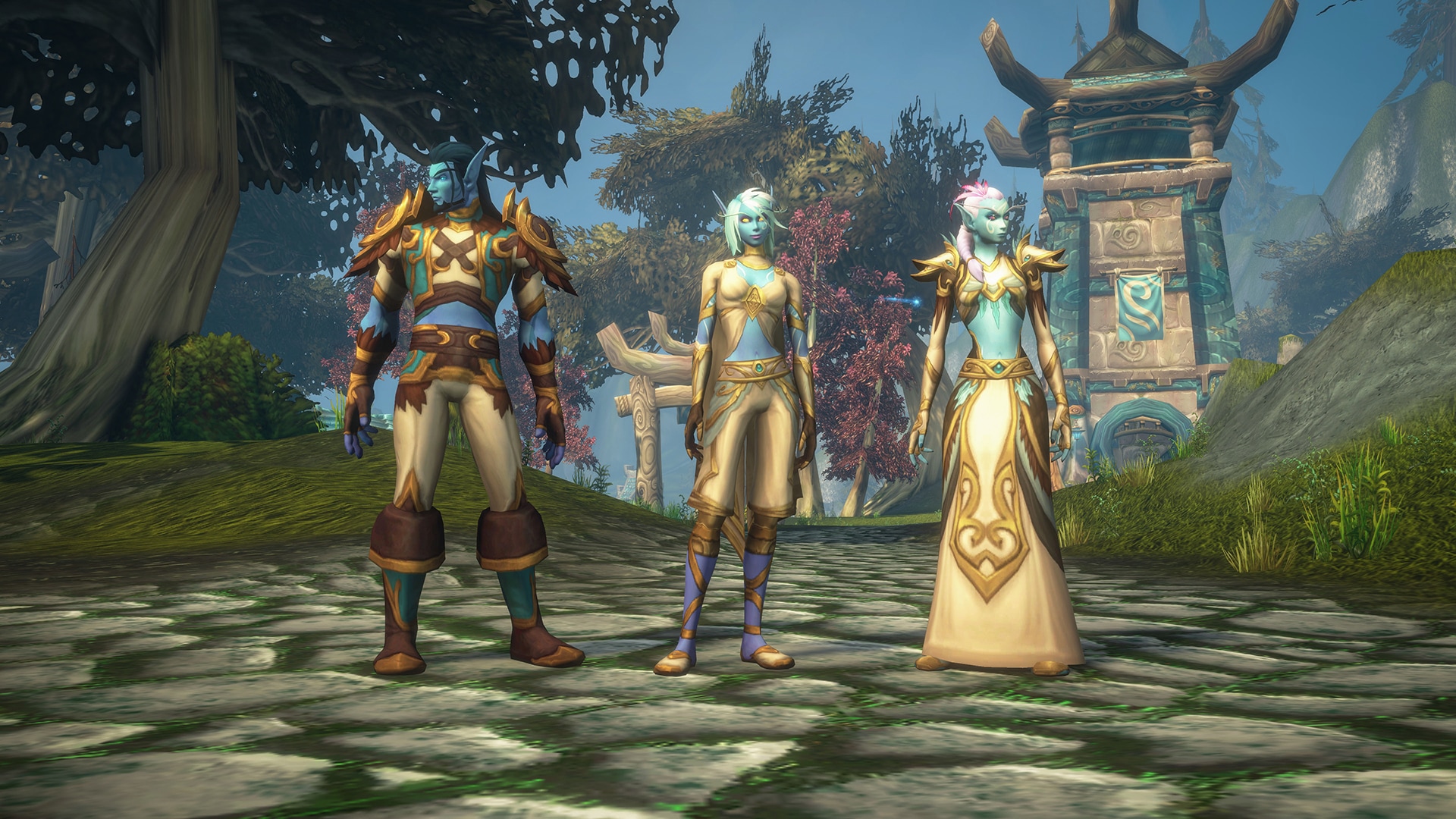 Three Skyborne characters standing on Zephras Isle in official World of Warcraft: Forever artwork