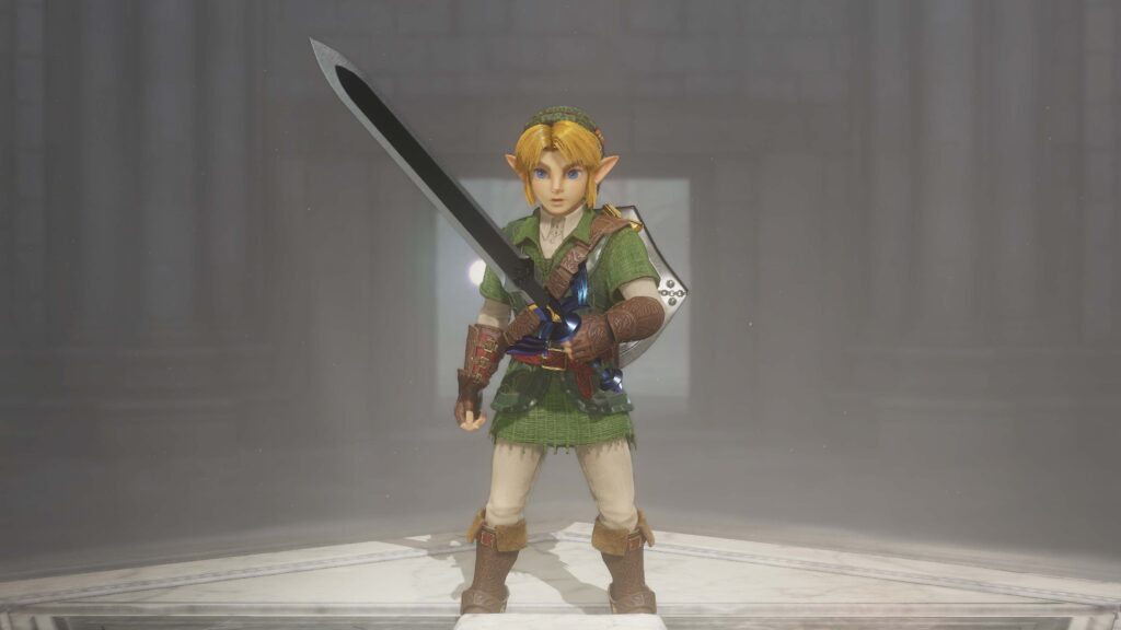 Adult Link holding the Master Sword in The Legend of Zelda: Ocarina of Time on Nintendo Switch 2
