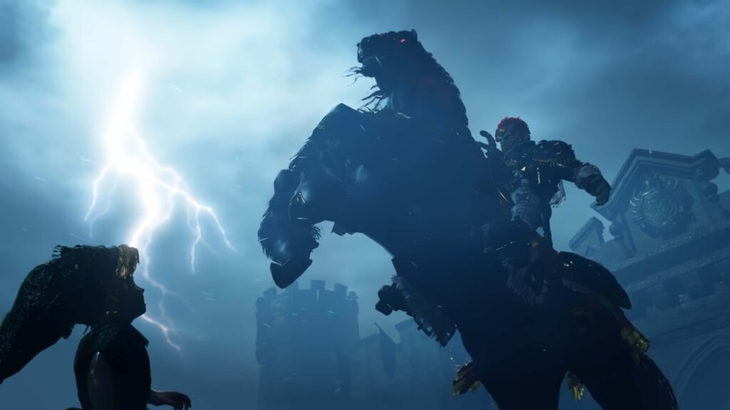 Ganondorf riding a black horse under a stormy sky in The Legend of Zelda: Ocarina of Time on Nintendo Switch 2