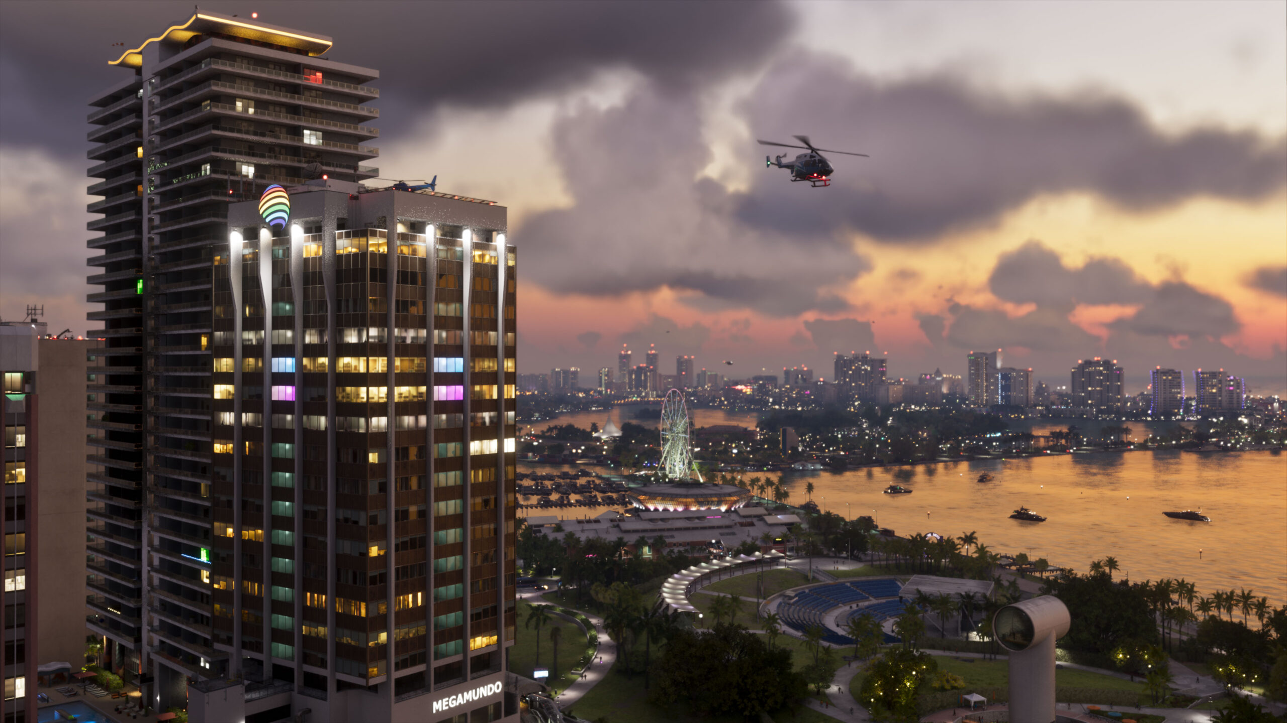 Official Grand Theft Auto VI screenshot of a Vice City beach scene