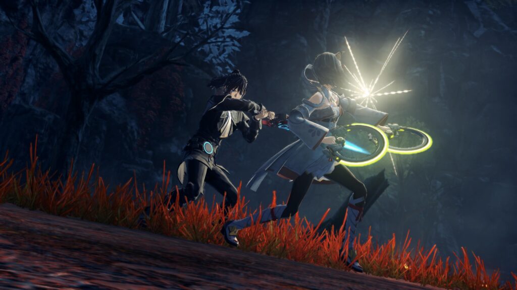 A battle at night in a red forest in Xenoblade Chronicles 3 Nintendo Switch 2 Edition