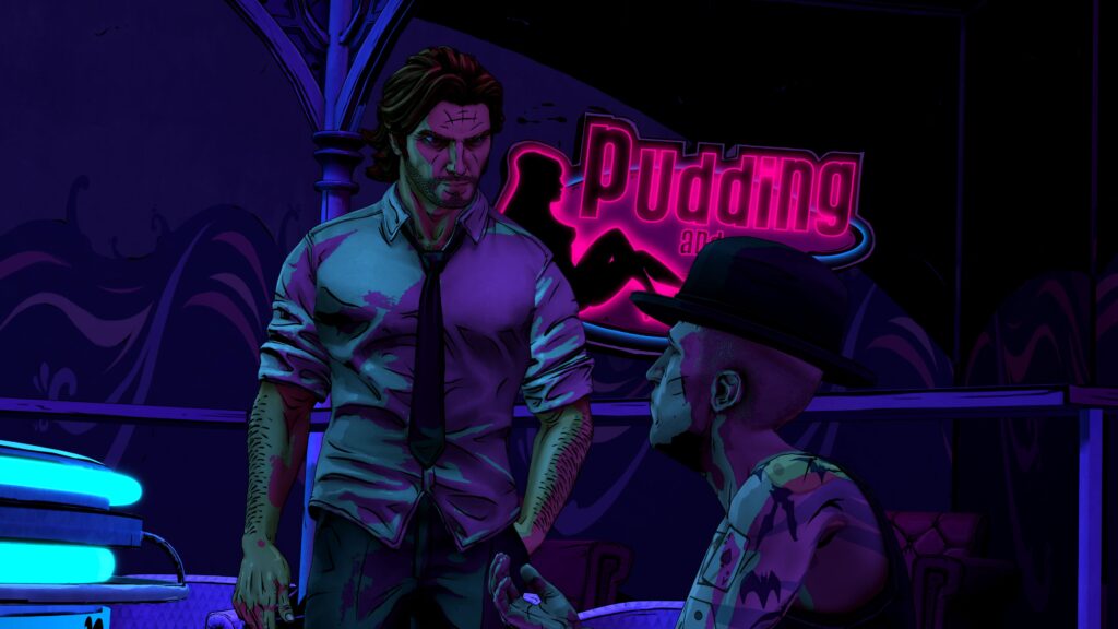 Screenshot from The Wolf Among Us Remastered showing Bigby Wolf in the game's noir-styled Fabletown setting