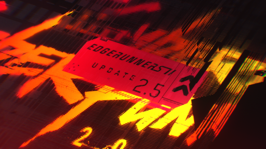 Cyberpunk 2077 Edgerunners 2 Update 2.5 logo over a red neon Night City background