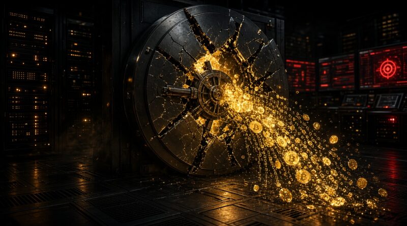 Illustration of a cracked digital vault leaking crypto coins, symbolizing the Binance hack