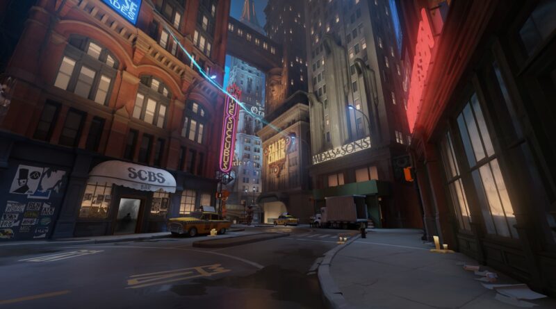 A neon-lit street in Deadlock's New York City map from the City Never Sleeps update