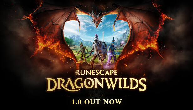 Key art for RuneScape: Dragonwilds showing a heart shaped dragon wing frame around the game's valley setting