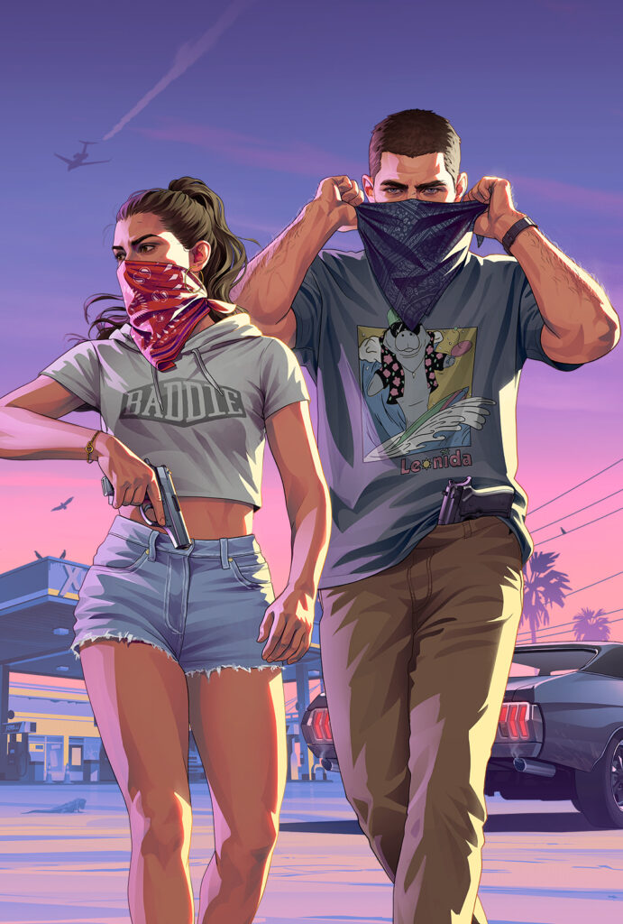 Two bandana-masked Grand Theft Auto VI characters walking away from a getaway car in official Rockstar Games artwork