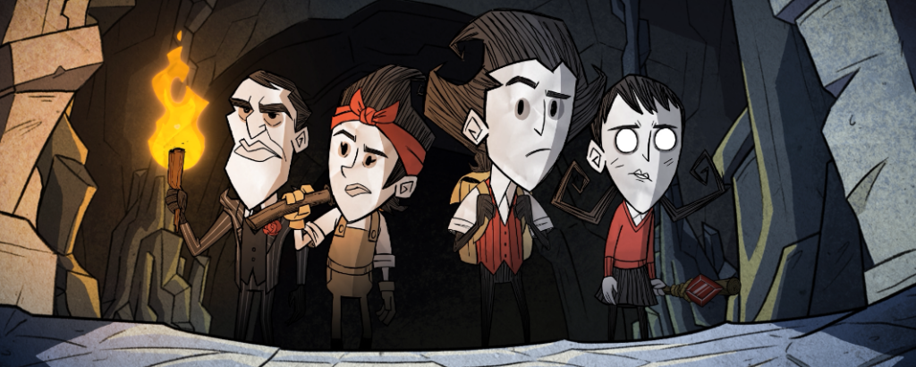 Don't Starve Together survivors with a torch exploring a dark cave in official Cursed Confrontation Part 2 art