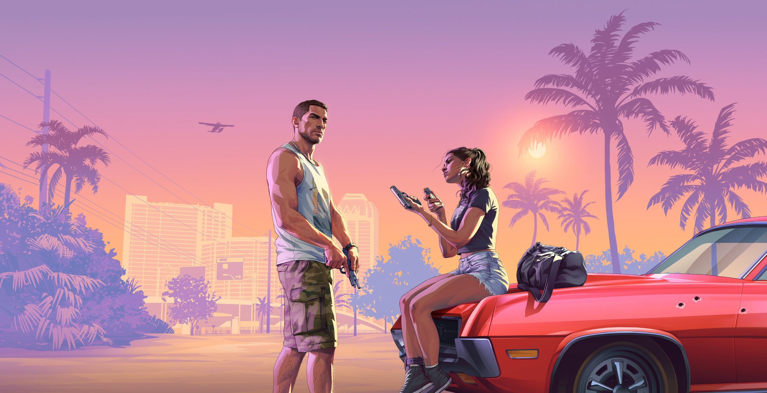 Grand Theft Auto VI official artwork of Jason and Lucia standing beside a red car in Vice City