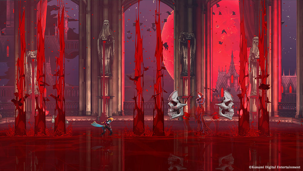 Rose Belmont fights a boss in a blood-red hall in Castlevania: Belmont's Curse