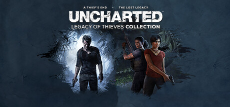 Header art for Uncharted: Legacy of Thieves Collection showing Nathan Drake and Chloe Frazer