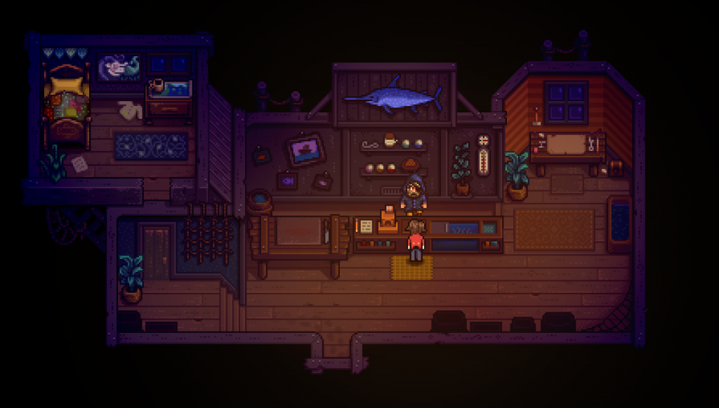 Cozy chocolate shop interior with a swordfish trophy in Haunted Chocolatier