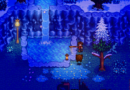 Character exploring a snowy forest with a frozen waterfall in Haunted Chocolatier