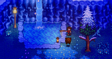 Character exploring a snowy forest with a frozen waterfall in Haunted Chocolatier