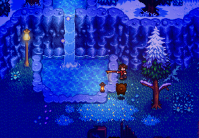 Character exploring a snowy forest with a frozen waterfall in Haunted Chocolatier