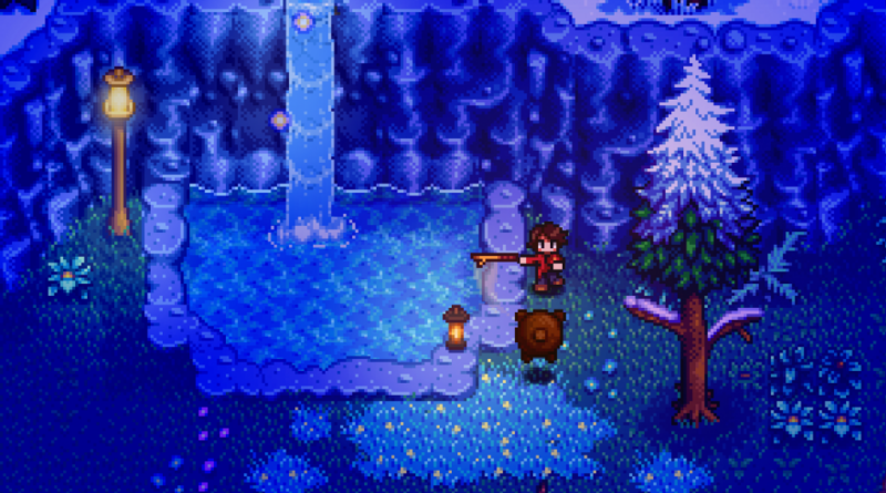 Character exploring a snowy forest with a frozen waterfall in Haunted Chocolatier
