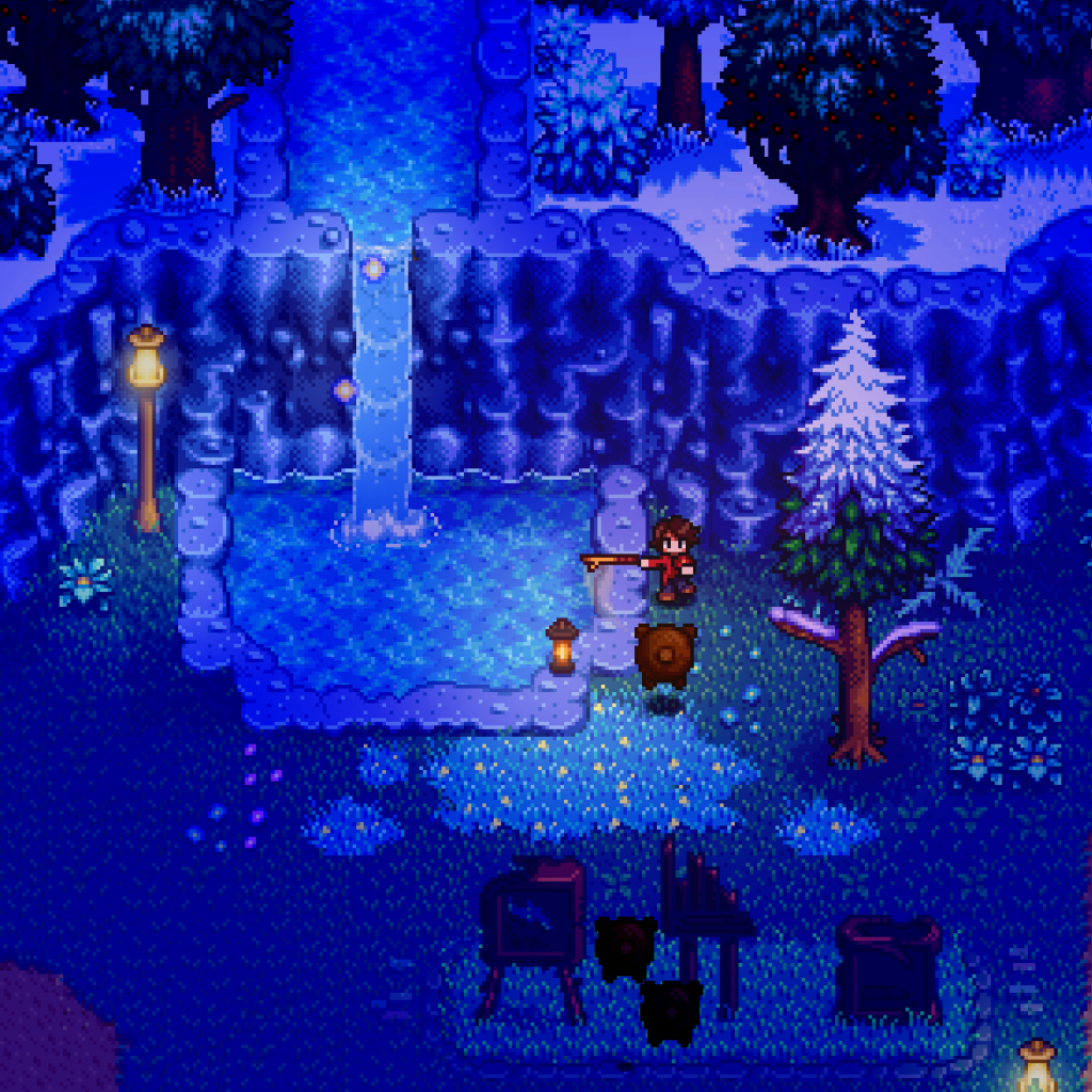 Character exploring a snowy forest with a frozen waterfall in Haunted Chocolatier