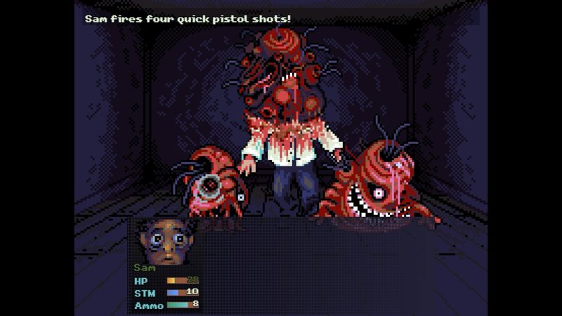 Sam fighting monsters inside the apartment building in Look Outside