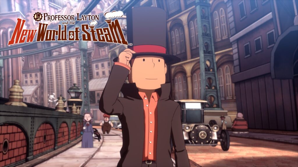 Professor Layton tipping his hat on a street in Steam Bison