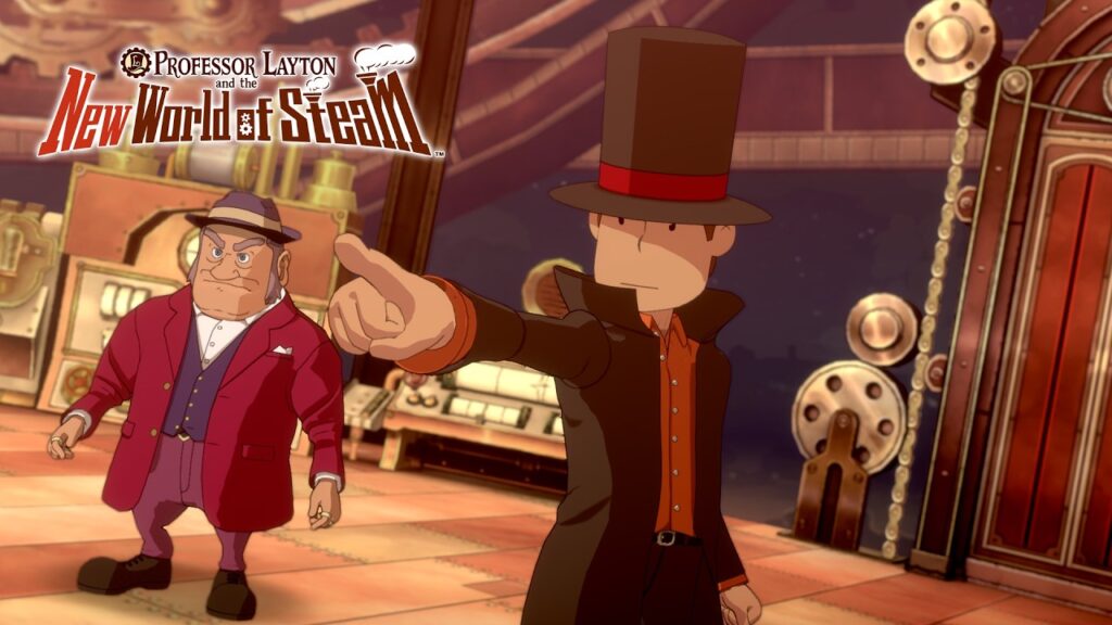 Professor Layton tipping his hat beside a Steam Bison resident in Professor Layton and the New World of Steam