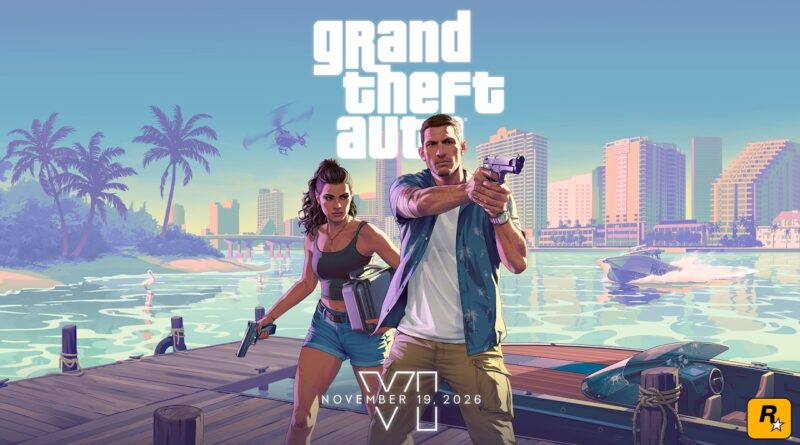 Jason and Lucia aiming pistols on a dock in official Grand Theft Auto VI key art, with the game's November 19, 2026 release date