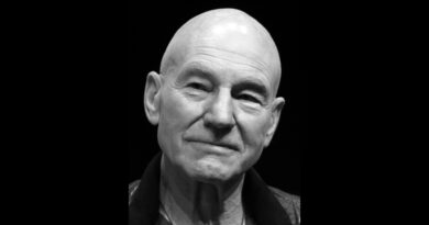 Black-and-white portrait of Sir Patrick Stewart, the actor known as Captain Jean-Luc Picard and Professor X, who died at 86