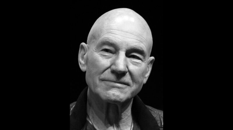 Black-and-white portrait of Sir Patrick Stewart, the actor known as Captain Jean-Luc Picard and Professor X, who died at 86