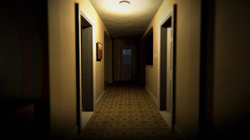 A dark hallway during a ghost hunt in Phasmophobia