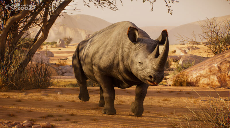 Planet Zoo 2 animals list, black rhinoceros in a savannah habitat