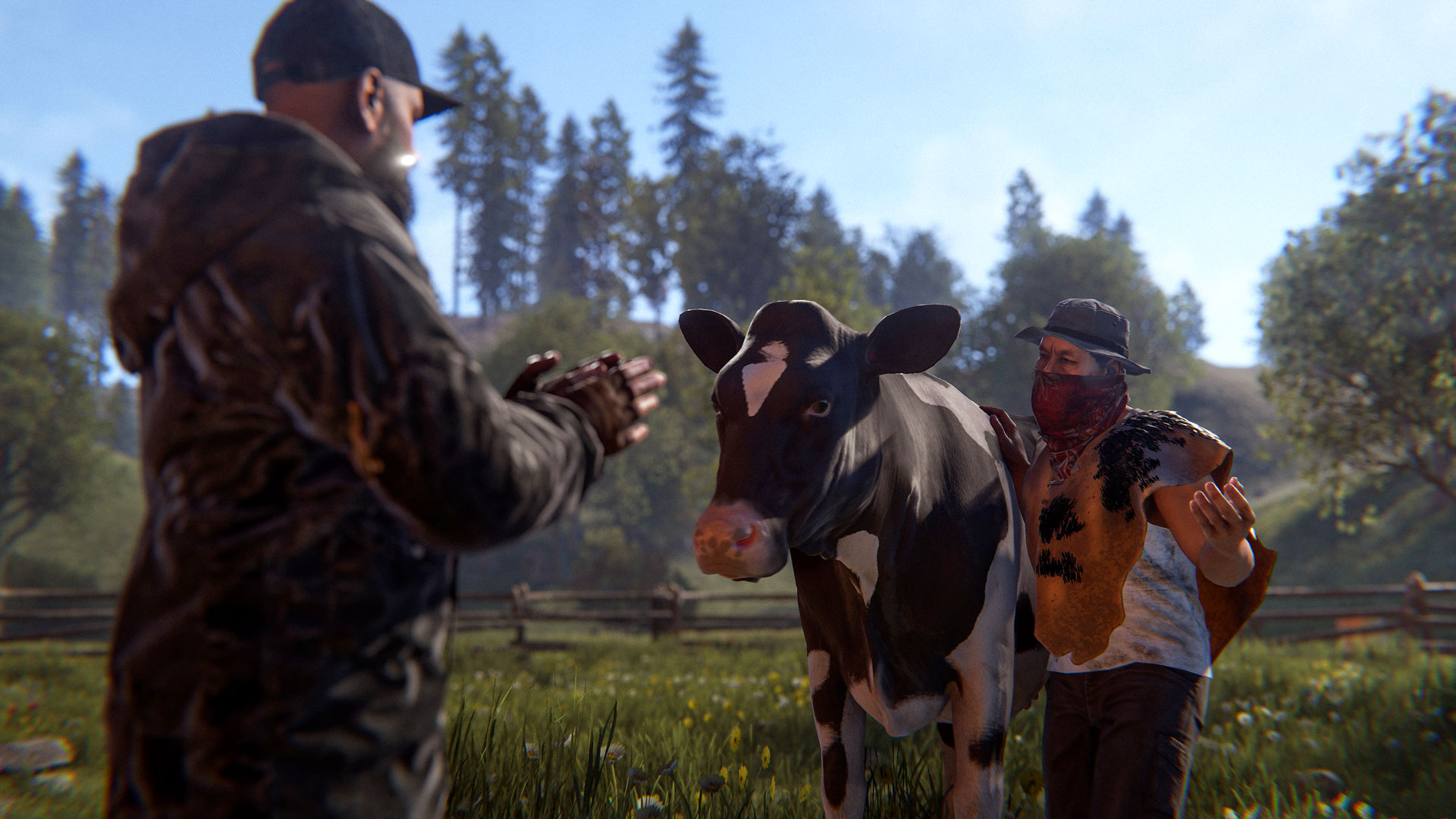 A player leading a cow to the livestock vendor at the ranch in Rust