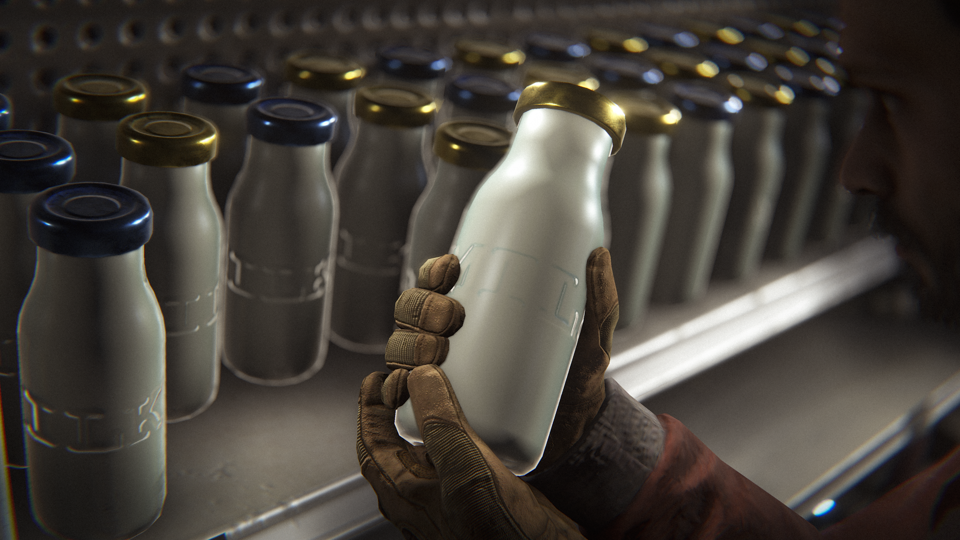 A player holding a bottle of milk in front of a fridge full of milk bottles in Rust
