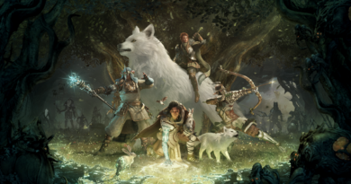Official Soulframe key art showing envoys and an Omen Wolf mount in a glowing forest clearing
