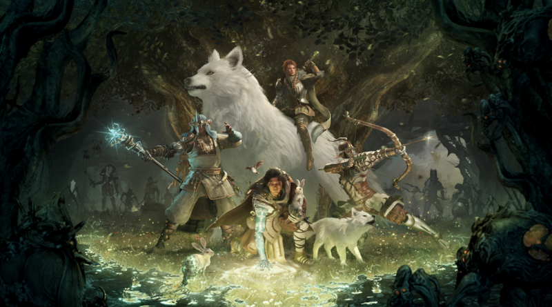 Official Soulframe key art showing envoys and an Omen Wolf mount in a glowing forest clearing