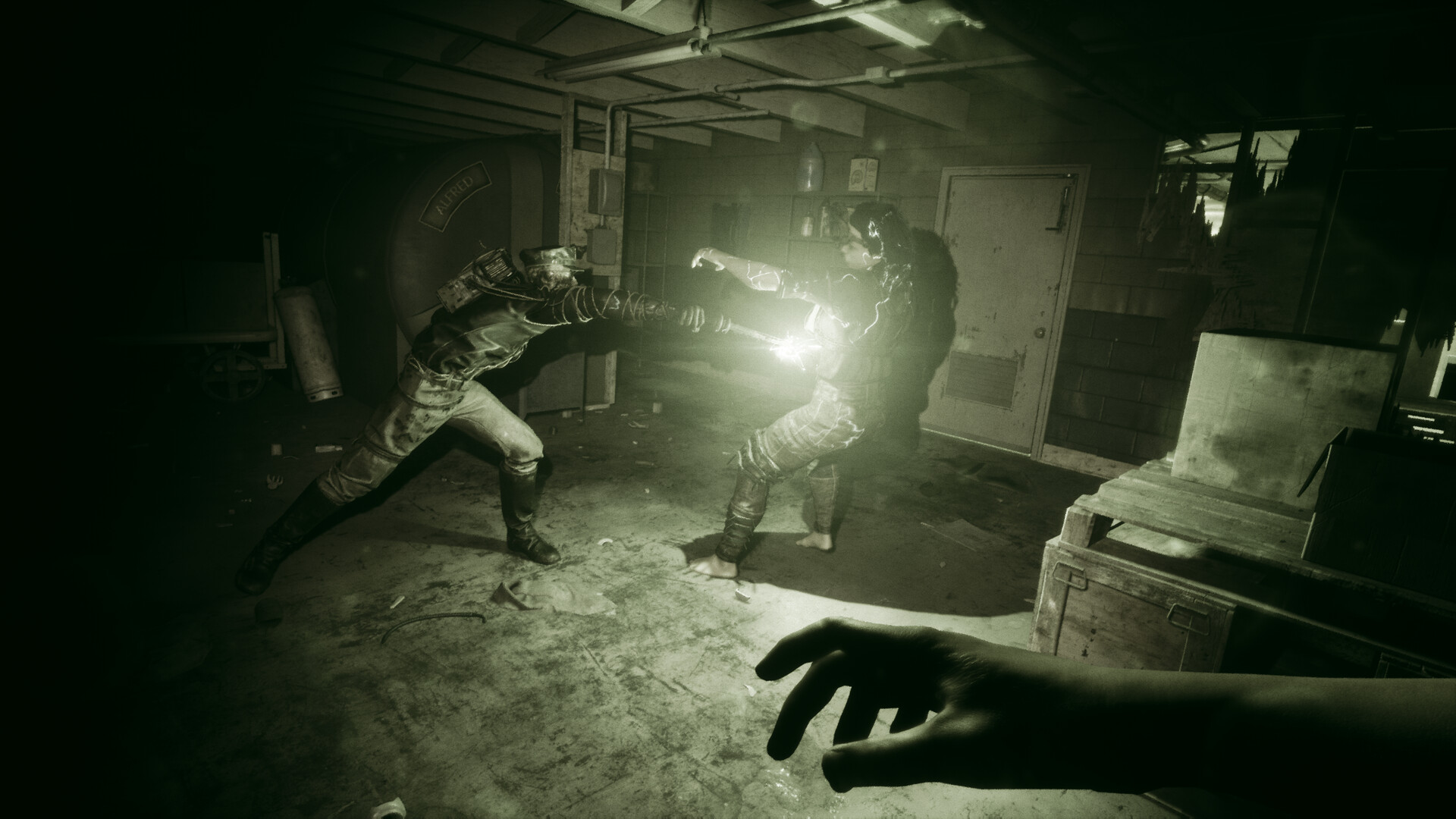 In-game screenshot from The Outlast Trials showing players inside the Murkoff facility