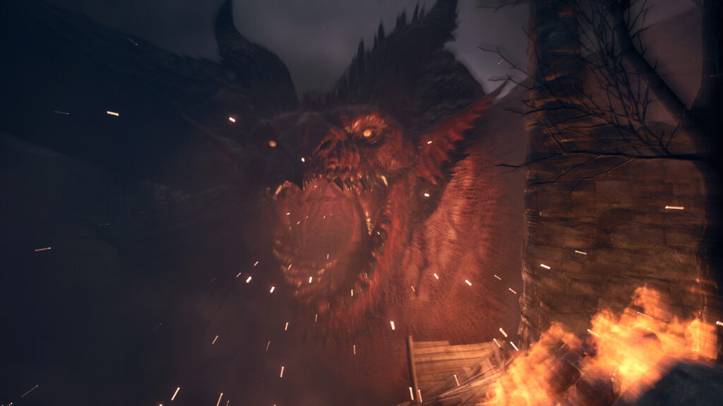 The red Dragon roaring amid fire and sparks in Dragon's Dogma 2