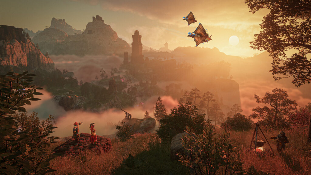 Enshrouded landscape of Embervale at sunset with ruins and hills