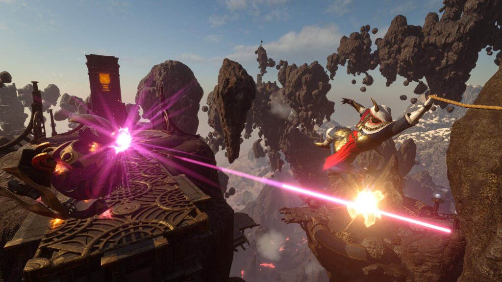 Enshrouded player firing a pink magic beam among floating islands while a co-op partner grapples across