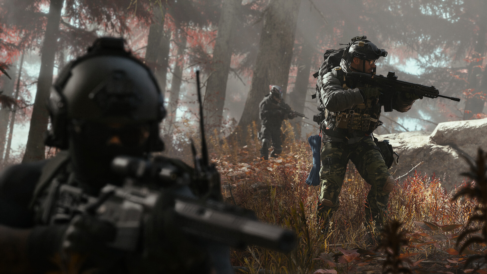 Soldiers advancing through a misty forest in the Call of Duty Modern Warfare 4 campaign