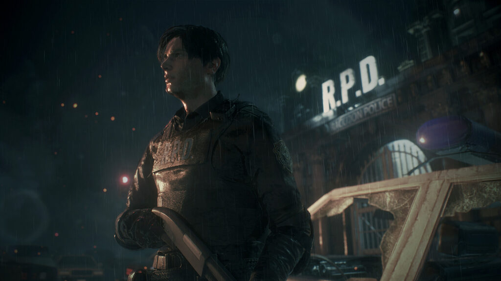 Leon S. Kennedy in the rain outside the Raccoon Police Department in Resident Evil 2
