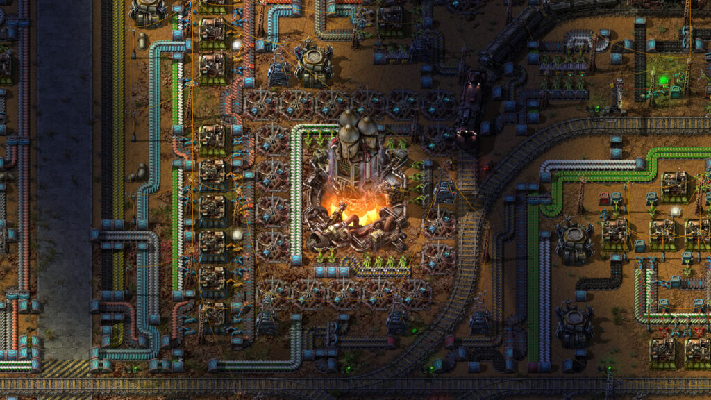 A sprawling Factorio factory base with biter nests visible nearby