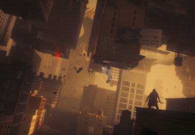 Dylan Faden standing above a warped, folded Manhattan skyline in Control Resonant