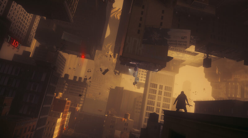Dylan Faden standing above a warped, folded Manhattan skyline in Control Resonant