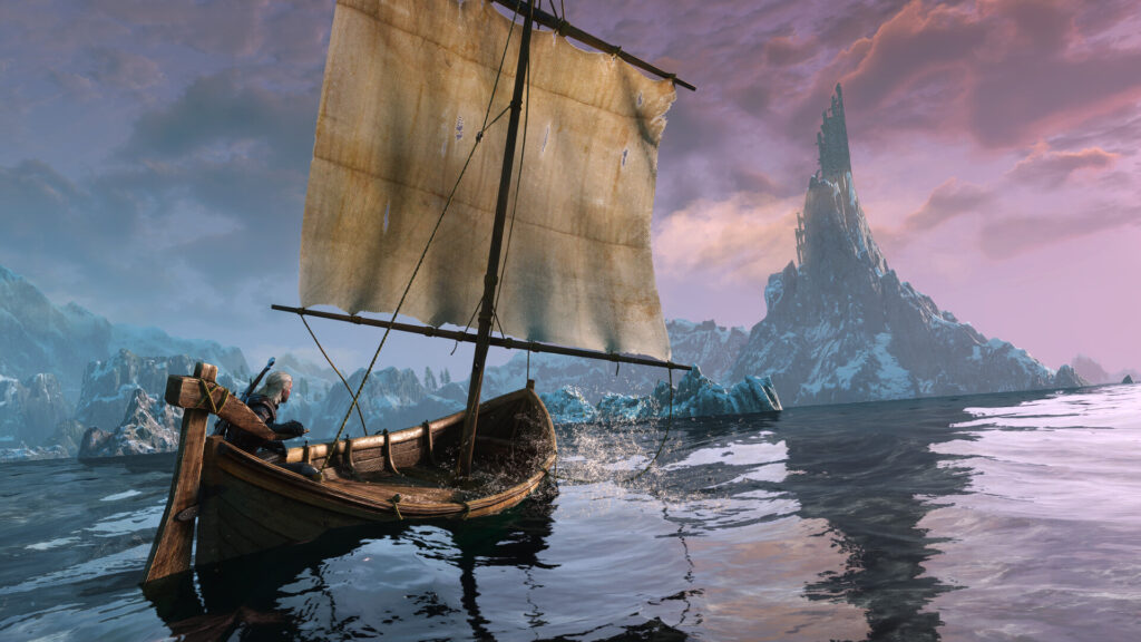 Geralt sails a boat toward a Skellige fortress in The Witcher 3 Wild Hunt Remastered