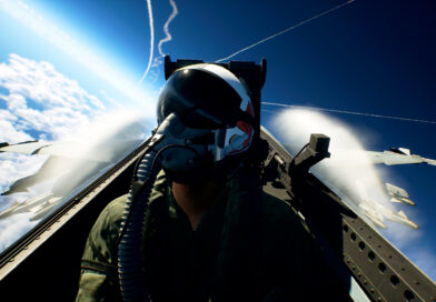 A fighter pilot in the cockpit high above the clouds in Ace Combat 8: Wings of Theve